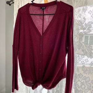 maroon front tie long sleeve knit top